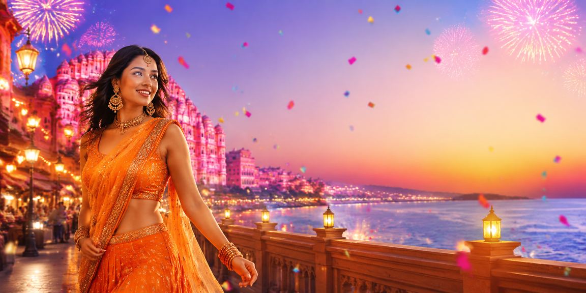 Festive Teen Patti gameplay at Jaipur with vibrant lights and local flair